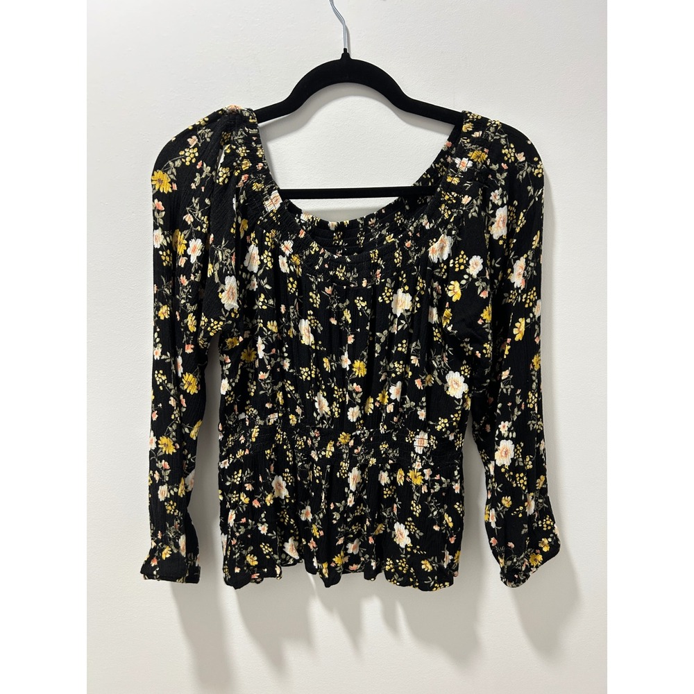 Hippie Rose Black Floral Smocked Waist Square Neck Long Sleeve Boho Blouse Large